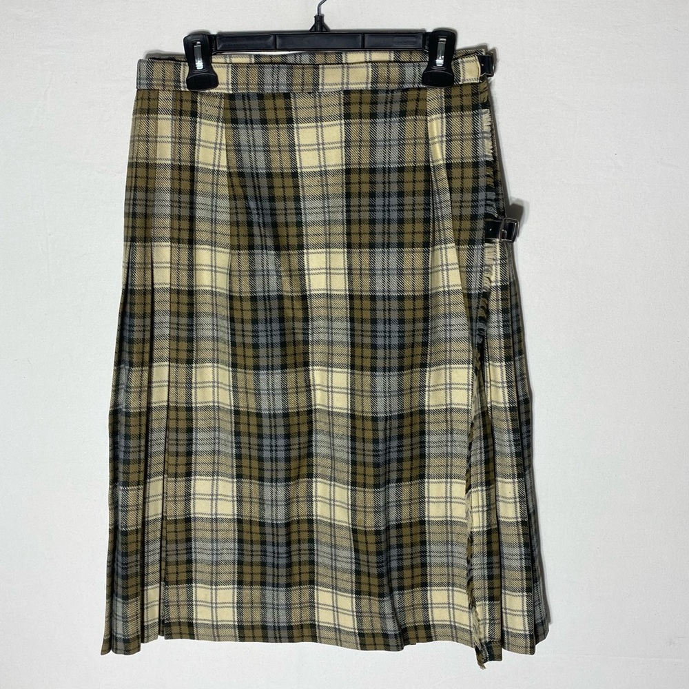 Vintage Monday Weavers Cream Beige Grey Black Plaid Wool Kilt XS Academia Twee